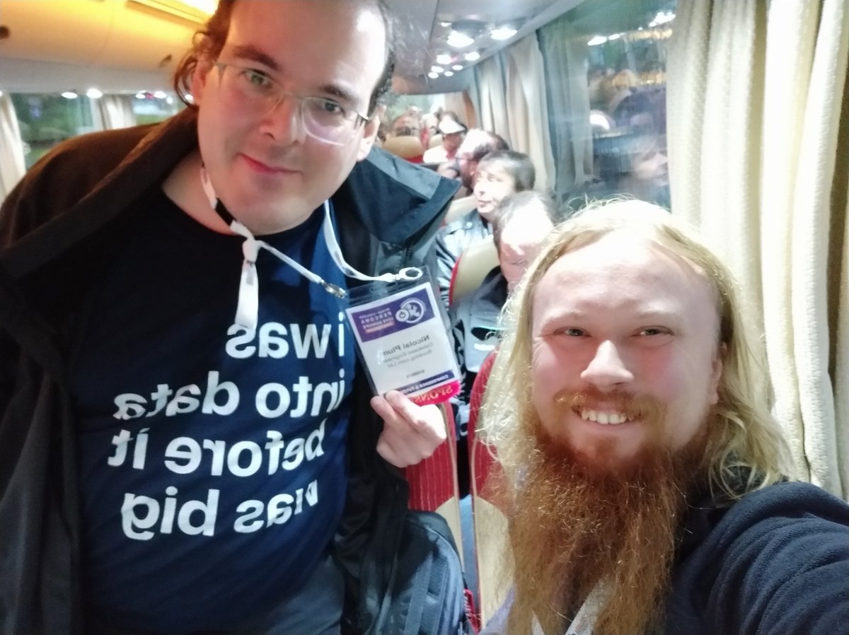 PerconaBytes's tweet photo. Yoo-hoo, yay, we're going to the @bookingcom office for dinner. I was lucky to sit next to Nicolai Plum from https://t.co/c6OYg0vQa8 . it's raining really hard. #pleteam #perconalive #percona https://t.co/9eCBKmaNaB