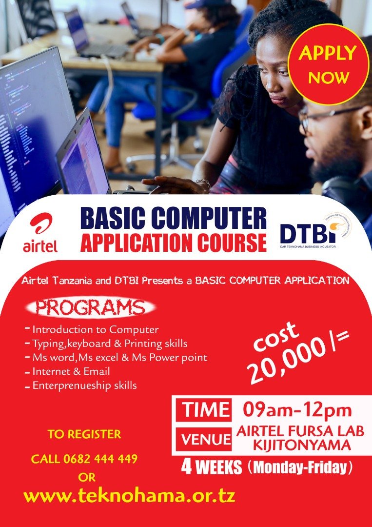 FursaLab's tweet photo. Airtel na Dtbi wanatoa fursa ya kujifunza masomo ya KOMPYUTA , UBUNIFU NA UJASILIAMALI kwa watu wote na vijana. Mafunzo haya yataanza rasmi siku ya jumatatu ya tarehe 7/102019 kwa muda wa wiki nne kila siku kuanzia jumatatu mpaka ijumaa. Fursa hii siyo ya kukosa a , Jisajili saa. https://t.co/r0zOPth6po