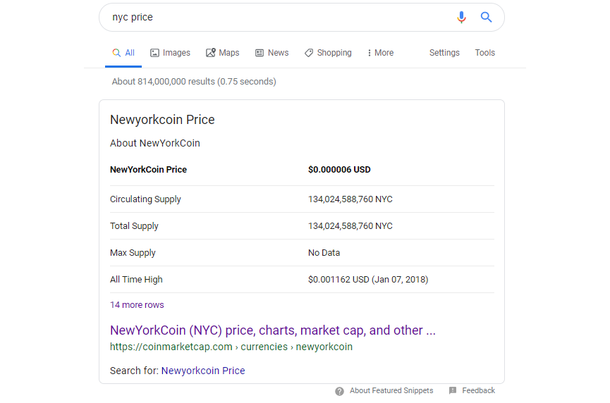 nycoincommunity's tweet photo. We did it! Google now shows a Featured Snippet when a term like "NYC Price" or "NewYorkCoin Price" is searched. You may see a snippet from CoinMarketCap, or CoinGecko, depending on each pages popularity for the day. This is a huge accomplishment to aid in increasing visibility! https://t.co/XJrXvfFP7H