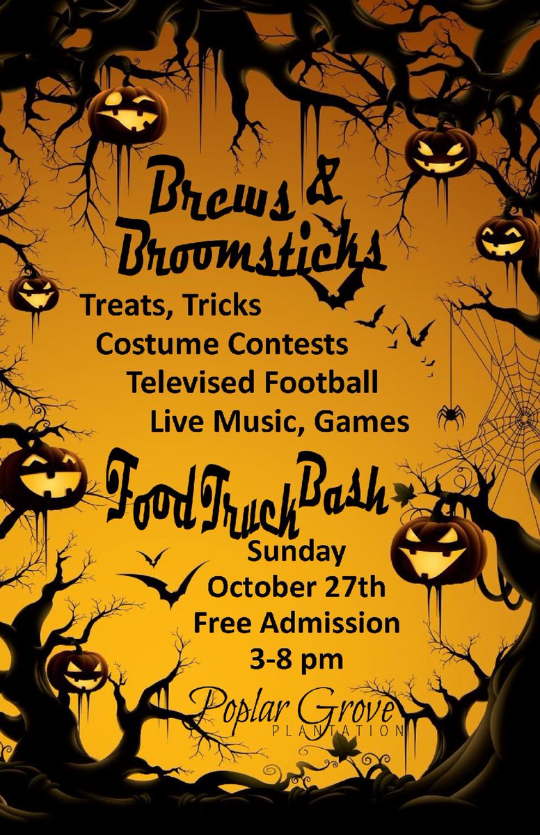 Next Up:  Our Brews &amp; Broomsticks Food Truck Bash October 27 from 3-8 pm!  Dress up your little pumpkins and trick out your brooms! conta.cc/2p0WsDP