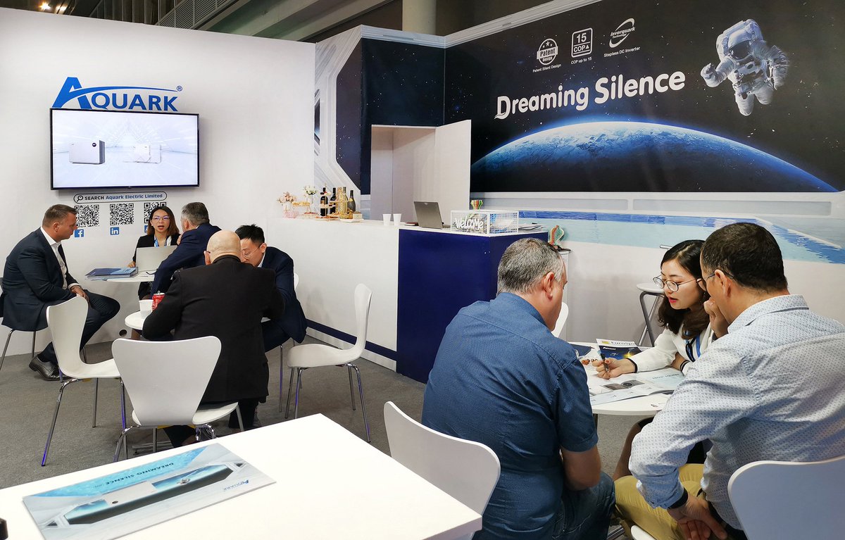 AquarkTech's tweet photo. Day one at @PiscinaWellness #Barcelona was exciting, thank you everyone! The show goes on today, come say hello to #MrSilence at our stand  C422, Hall 2. We will be here until Friday 18 Oct. See you soon 😀 #PiscinaWellness #Aquark #InverterPoolHeatPump https://t.co/66FcJJL2V2