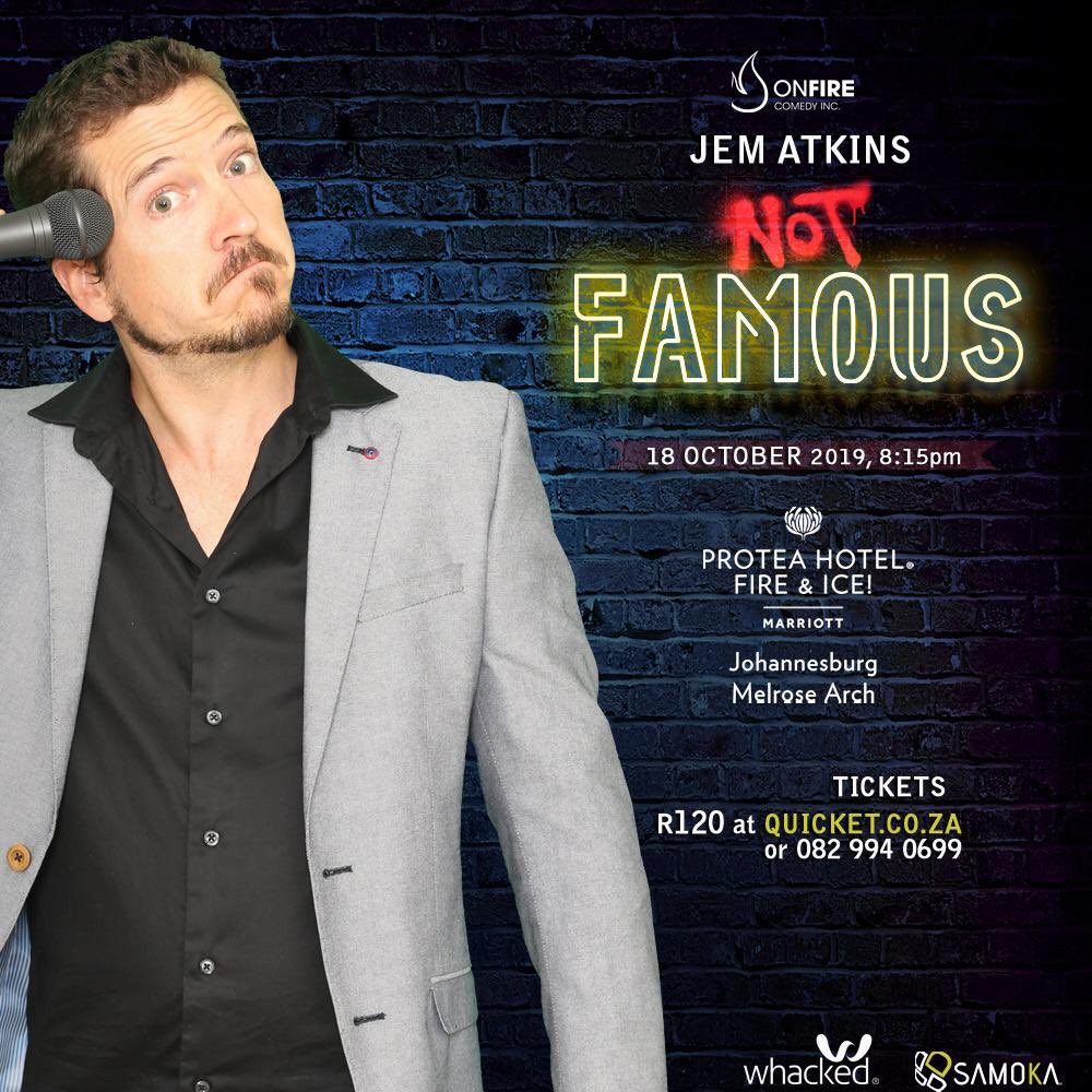 WhackedEnt's tweet photo. 3 days until @JemAtkins is in JHB 😎 who’s got their tickets?🎫🎙🎟 #standupcomedy #jematkins #comedy #southafricancomedy @OnFireComedy @SAMOKA_SA https://t.co/5Wbti3Njtj