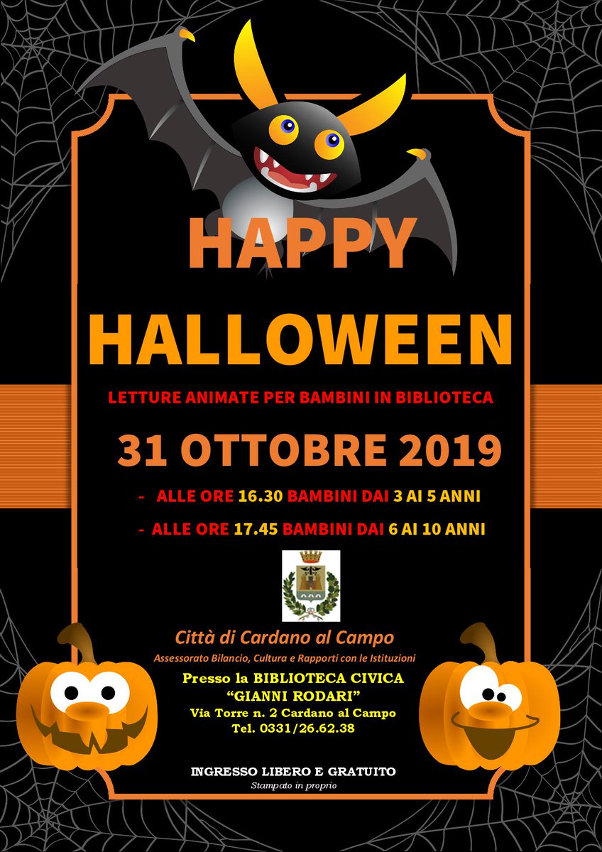 CardanoalCampo's tweet photo. Happy Halloween giovedì 31 ottobre presso la Biblioteca letture animate per bambini dai 3 ai 5 anni alle ore 16.30 e dai 6 ai 10 anni alle ore 17.45. Ingresso libero e gratuito. https://t.co/4pTUPE4GrK