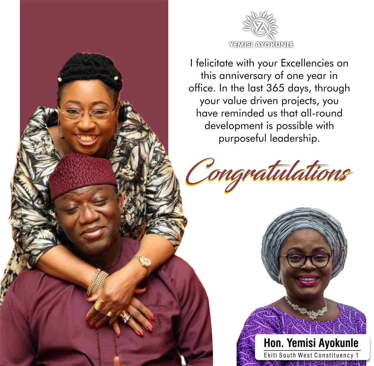 On behalf of Sons and Daughters of Ilawe Ekiti, I felicitate with <a href="/kfayemi/">Kayode Fayemi</a> and <a href="/bisiafayemi/">Bisi Fayemi</a> on this celebration of one year in office.

Indeed, it has been people-oriented.

Congratulations! #StateOfTheState