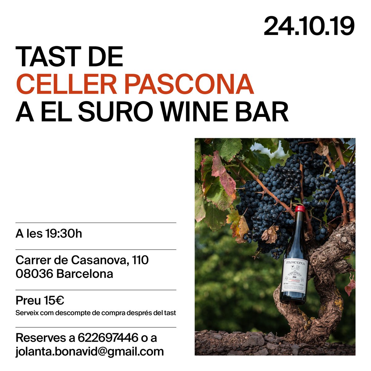 SentitsBCN's tweet photo. Ja sabeu que en Toni de @PasconaMontsant és un dels meus actius al territori vinícola, i aquest mes visita #ElSuroWineBar! El dijous 24/10 a les 19.30h us espera amb ganes de #pasconitzar. Reserves a 622697446 o a jolanta.bonavid@gmail.com
#sentitsbarcelona #pascona https://t.co/H01ix6coLE