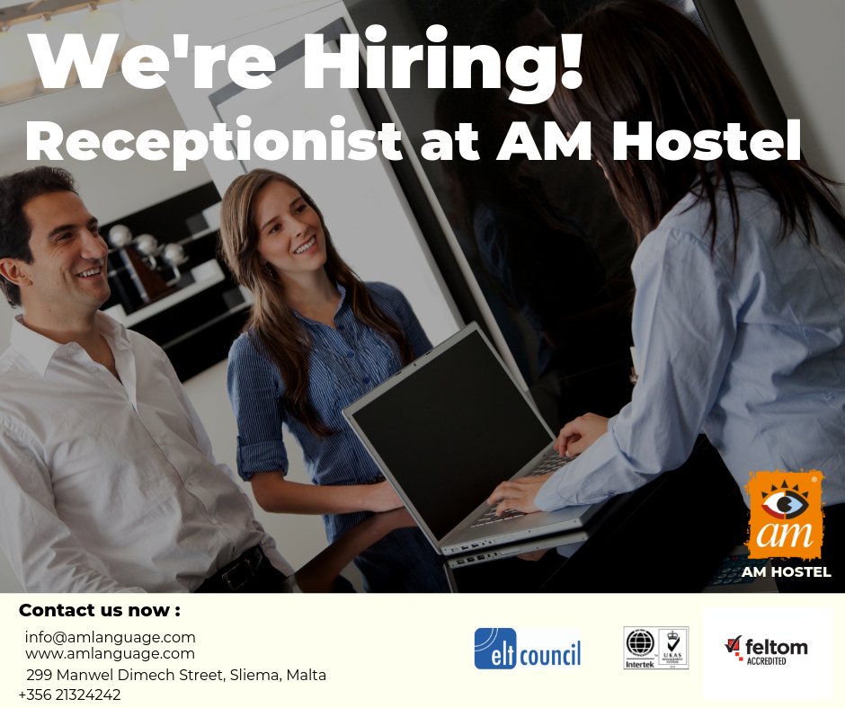 amLanguage's tweet image. We are currently on the lookout for the ideal candidate to join our Hostel as a Receptionist Join our team.
Send us your cv on: info@amlanguage.com