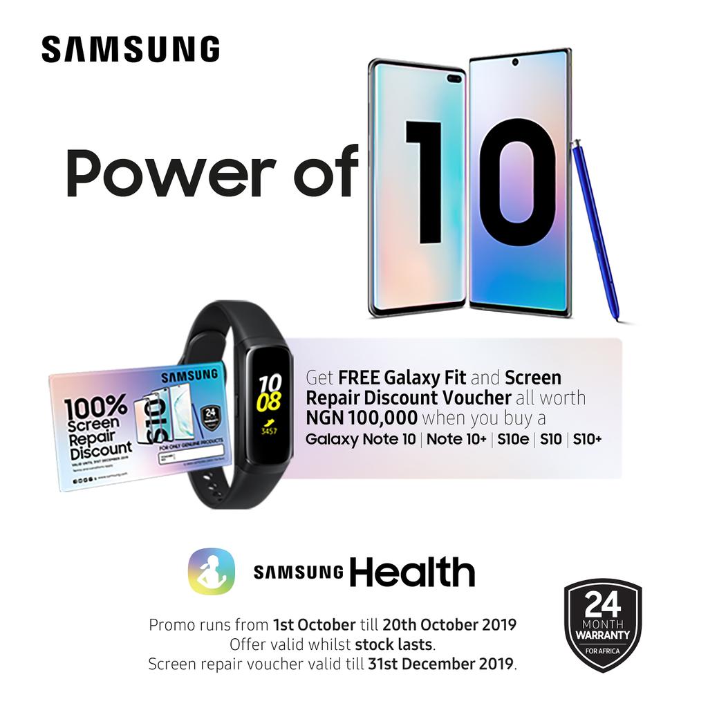 samsungmobileng's tweet photo. It's all about the number 10!⁣⁣⁣
⁣
With just 4 days to go, buy the Galaxy Note 10, Note 10+, S10e, S10, S10+, or Galaxy A80, and get FREE Galaxy Fit and Screen Repair Discount Voucher - all worth N100,000!⁣ ⁣⁣⁣
⁣
Hurry now! Offer ends 20th October, 2019. T's &amp; C's apply. https://t.co/lGos5pFaxN