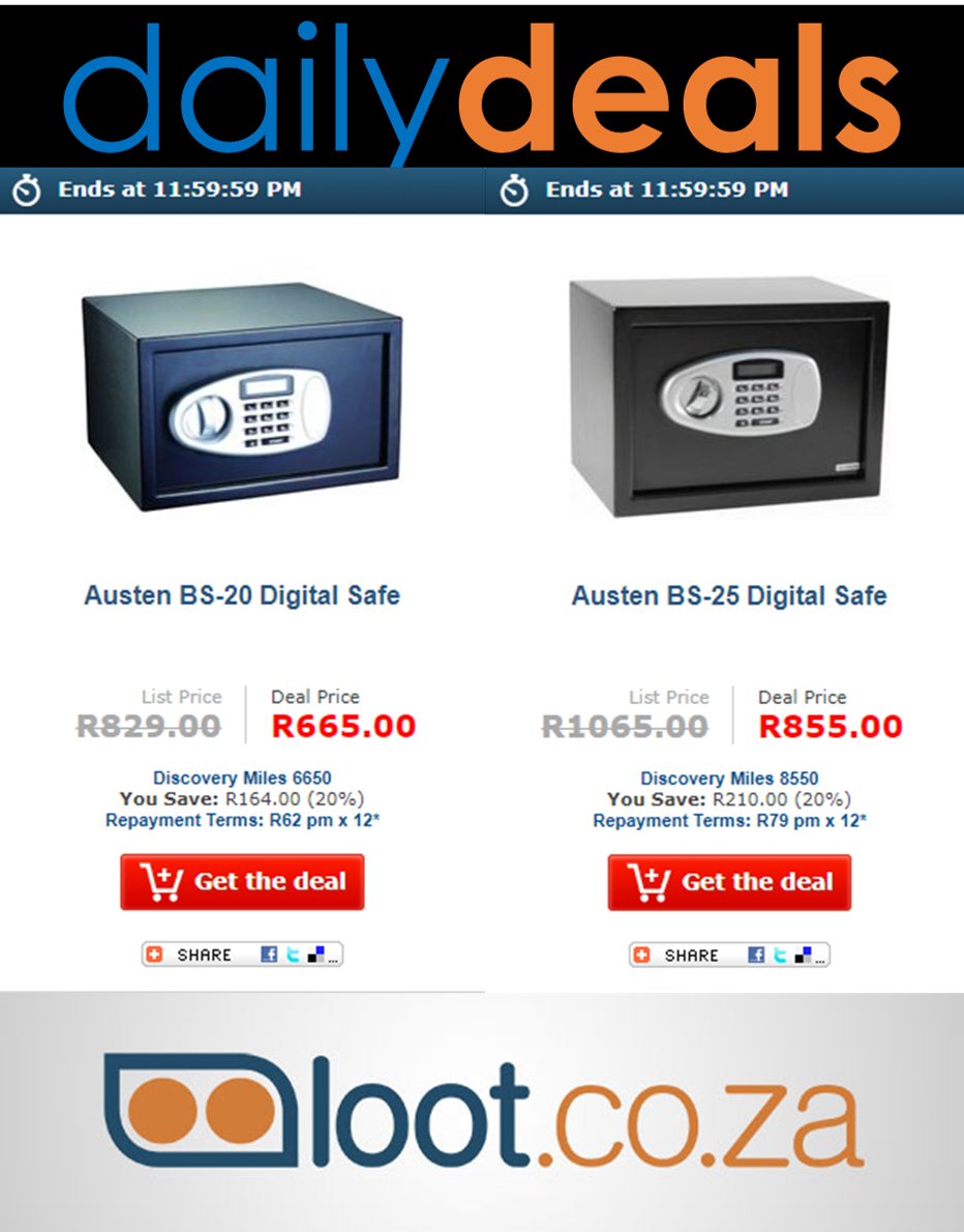Daily Deals ! Get the BS-25 Digital safe for Only R855 !
As well as the BS-20 Digital Safe for Only R665 !
Link: loot.co.za/deals?cat=pnv&…