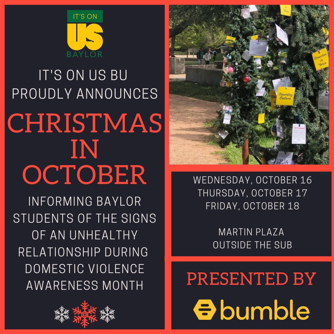 ItsOnUsBU's tweet photo. #ChristmasInOctober 2019 is less than 24 hours away! We'll be setting it up tomorrow evening and will have it on display until Friday evening. Please stop by and take an ornament, buy a sticker, or sign your name and put it up on our @bumble tree! https://t.co/O3VgitNXyO