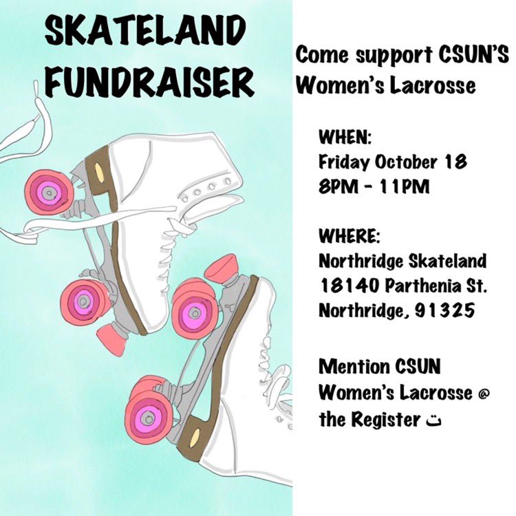csunwlax's tweet image. SKATELAND FUNDRAISER 10/18

Join us for a fun evening of roller skating! Meet the team and come roll with us 🤪