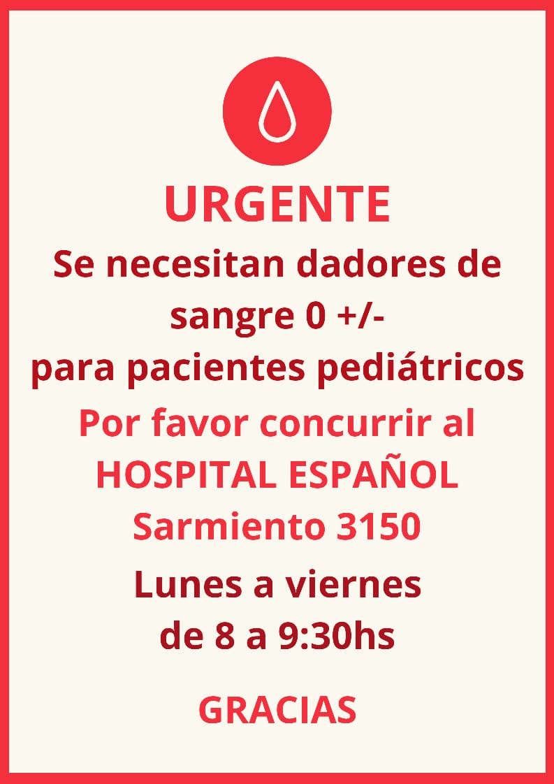 🔊🔊Se necesitan DADORES 0 +/- con urgencia para el HOSPITAL ESPAÑOL‼🏥 

Requisitos:

✔ Edad: 18 - 65 años, 
✔ Pesar más de 50 Kg, 
✔ Tener buena salud, 
✔ Si tenés tattos y/o piercings deben tener un año mínimo de realización, 
✔ No concurrir en ayunas,
✔ Llevar DNI!