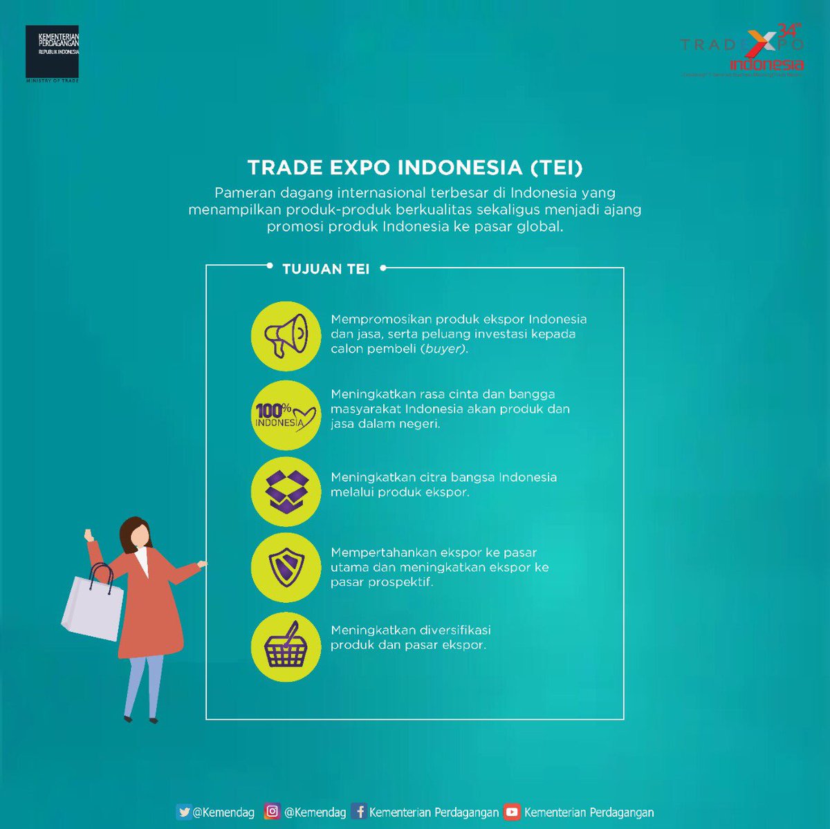 #TEI2019 bertujuan untuk #GenjotEkspor Indonesia sehingga dapat meningkatkan citra bangsa melalui produk unggulan Indonesia. Selain itu, untuk meningkatkan rasa cinta dan bangga masyarakat terhadap produk dalam negeri.