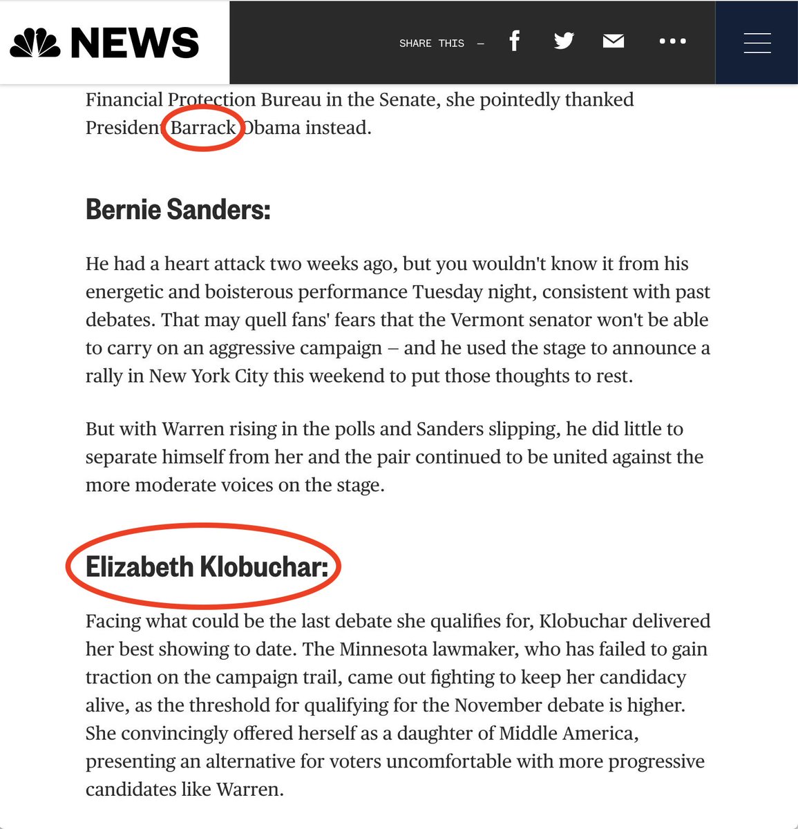 .<a href="/amyklobuchar/">Amy Klobuchar</a> may officially still be in the running, but <a href="/NBCNews/">NBC News</a> is already phasing her out—one syllable at a time. 

OTOH, whoever edited this piece also misspelled Barack Obama's name, so perhaps it was just bring-your-kid-to-work day at NBC #FakeNews #FactCheck #SpellCheck