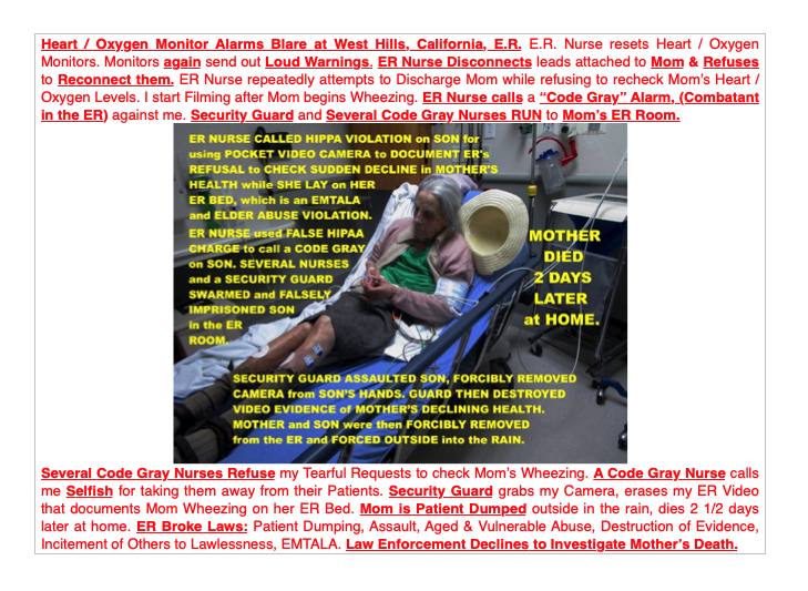Fight2SaveMOACA's tweet photo. Last count, as many as 15 laws were broken in West Hills, CA ER by ONE ER Nurse just to avoid documenting my sweet and amazing Mother's Pre Pneumonia and sudden onset of wheezing while she lay in her ER bed. Mom died at home two days later without ever being diagnosed. https://t.co/fp325M6QOY