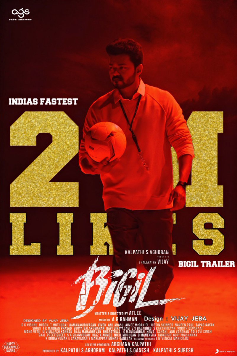 VijaykumarV0601's tweet photo. #PodraVediya 🧨💣💥
#2MLikesForBigilTrailer 

In 78 Hours 24Mins! 🤩🤘

India's Fastest #2MLikes #BigilTrailer 🥳🥁🕺🏻💃🏻🎉🎊

#Bigil #BigilDiwali https://t.co/tMzEtTPqL6