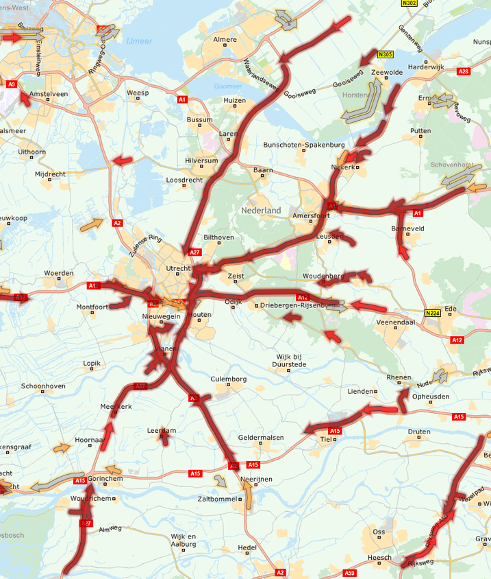 Verkeersinformatie on Twitter: "Rode strepen op de kaart Utrecht door de grote trekker-trekking. De grootste vertragingen nu op de #A1, #A2 en #A27. https://t.co/oNSsyS85pF" / Twitter