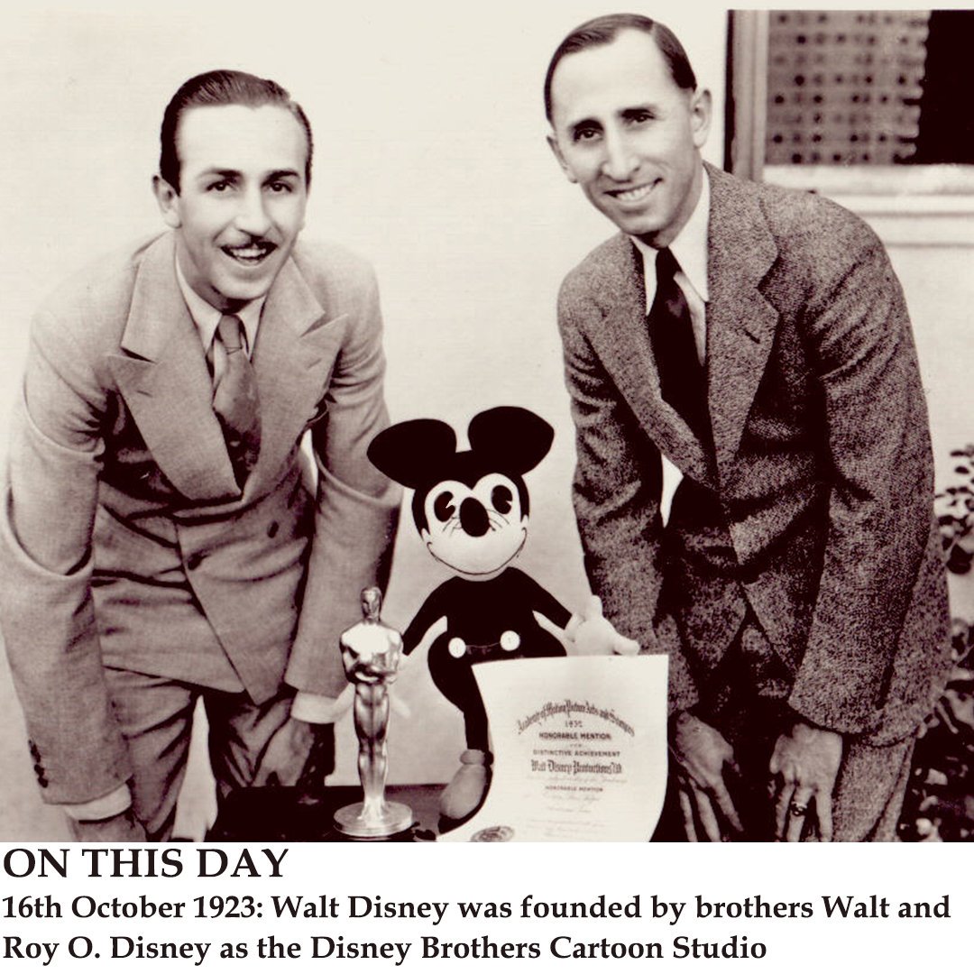diplomacybeyond's tweet photo. On this day

October 16, 1923 The Walt Disney Company is founded. Walt Disney and his brother Roy O. Disney originally founded the Disney Brothers Cartoon Studio. 

#waltdisney #disney #entertainment #cartoon #waltdisneycompany #roydisney #onthisday #otd #mickey #dbplus https://t.co/dXW5QEw1fH