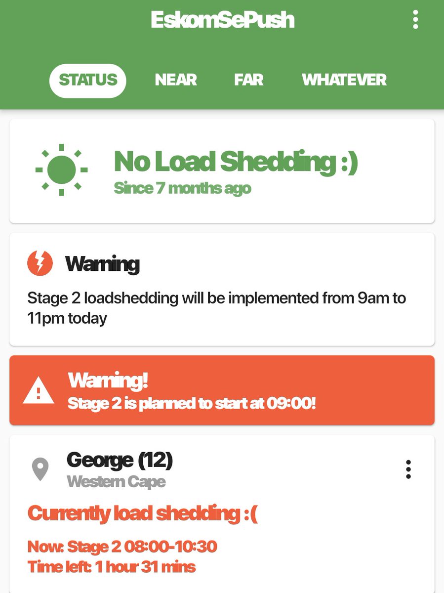 GroeneweideG's tweet photo. #Loadshedding is Back! @Eskom_SA  declared #Stage2 from 9:00 today. @george_mun  will be off from 9:00-10:30 https://t.co/JeeVbmu0lm