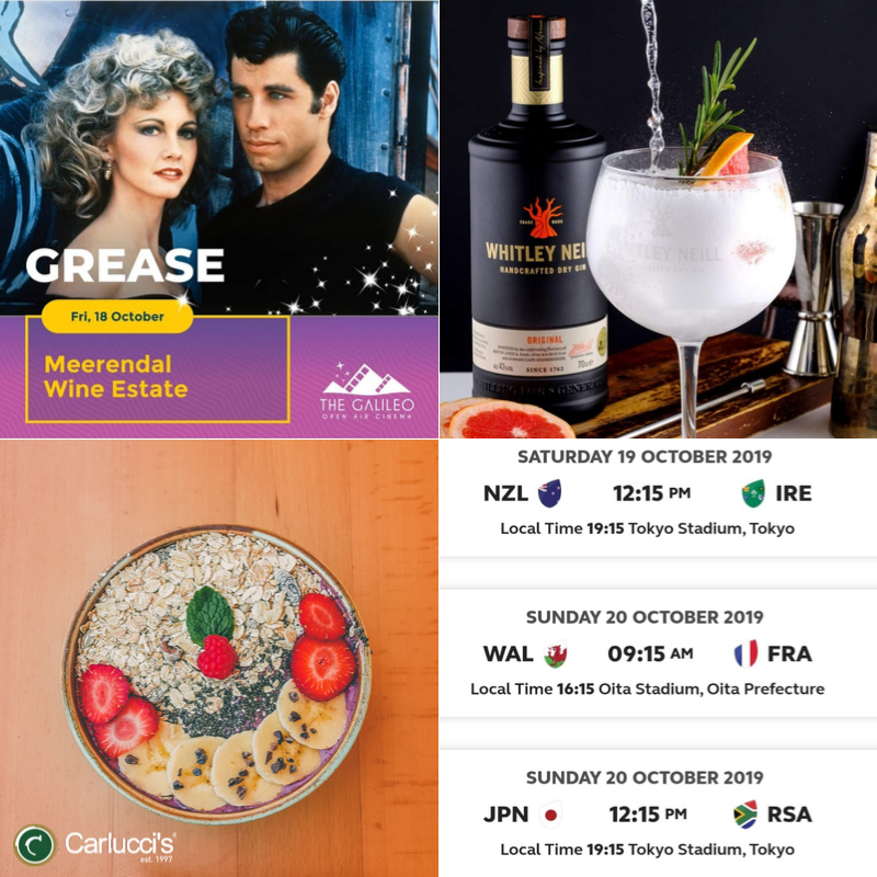 carluccis_CT's tweet photo. Join in the festivities 💃

Friday - The Galileo Open Air Cinema: Grease 🎬
Saturday - Smoothie bowl launch &amp; International gin &amp; tonic day 🍹
Sunday - Springboks VS Japan 🏉
•
#carluccismeerendal #weekend #thegalileo #smoothiebowl #rugby #internationalginday #joinus https://t.co/3Mbd8699oC
