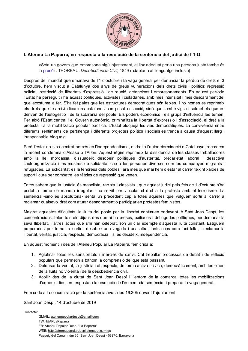 Avui totes a la concentració #SantJoanDespi #SentenciaProces 19:30 h, davant Ajuntament #LlibertatPresesPolitiques.  Aquest és el nostre comunicat: