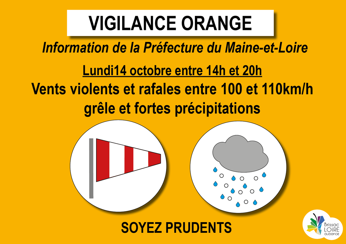 Attention émission d'un bulletin d'alerte météo en vigilance orange, pour ce lundi 14 octobre de 14h à 20h,⚡️🌧🌨🌬soyez vigilants ! #brissacloireaubance #mainetloire #meteofrance