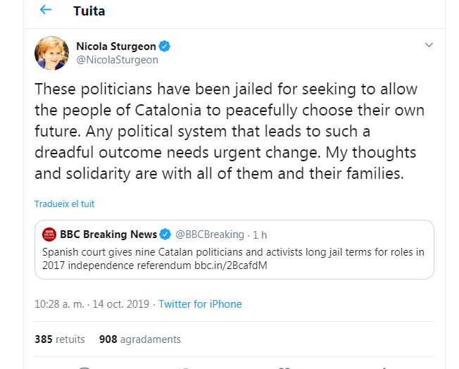 La primera ministra escocesa, Nicola Sturgeon, valora la sentència: "Un sistema polític que permet un desenllaç tan terrible necessita canvis urgents" bit.ly/2VGz7DM #SentènciaProcés