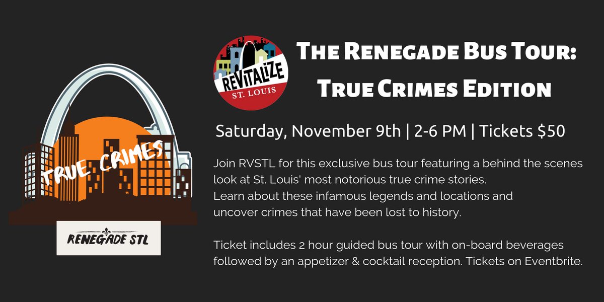 Join RVSTL for this INAUGURAL &amp; EXCLUSIVE bus tour featuring a behind the scenes look at St. Louis' most notorious true crime stories. Plus a private cocktail after party in City Center!
facebook.com/events/2832371…