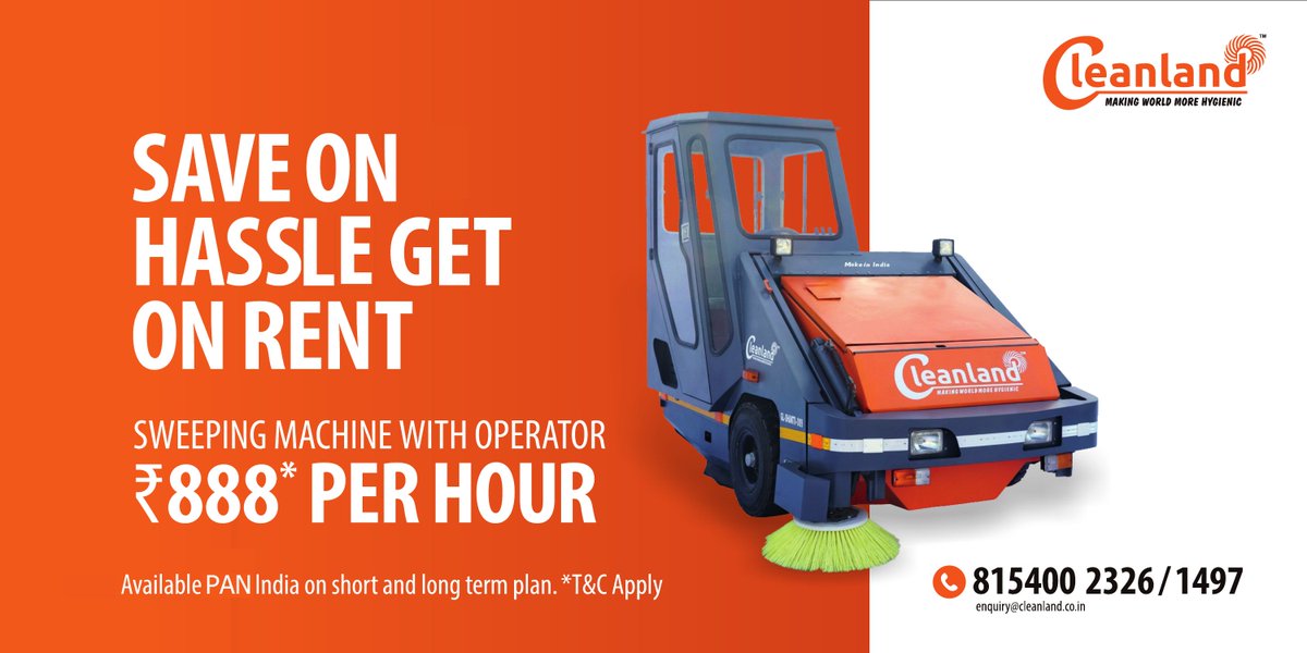 cleanlandindia's tweet photo. 😃 "C L E A N L A N D" Sweeping Machine on RENT with Operator ONLY ₹ 888* PER HOUR.
☎ 079-48900 236
📲 +91-8154 002326
📩 rentals@cleanland.co.in
🌐 https://t.co/2dN8uRZMd3
#roadcleaner #roadsweepingmachine #cleanland #rent #roadcleaningmachine #streetcleaner https://t.co/giWXn2MMkI