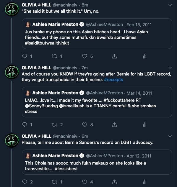 ALizardBotW's tweet image. My campaign surrogate and Bernie attack dog @AshleeMPreston had to lock down her account because some absolutely awful people were... [checks notes]...  Discovering dozens of her recent racist and homophobic tweets.