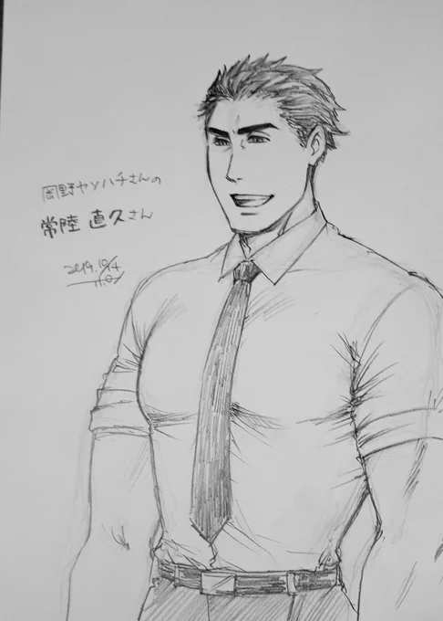 @yaso80hachi 描かせていただきました～。黒髪おでこ短髪の大柄男子大好きなんで、楽しかったです! 