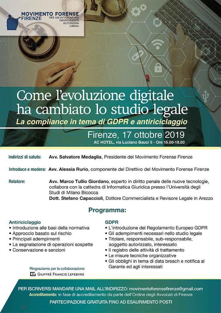 Movforense's tweet image. Movimento Forense #convegni #Firenze  27.10.2019 ore 15:00-18:00 “COME L’EVOLUZIONE DIGITALE HA CAMBIATO LO STUDIO LEGALE”  @MCesali @radiotribunale