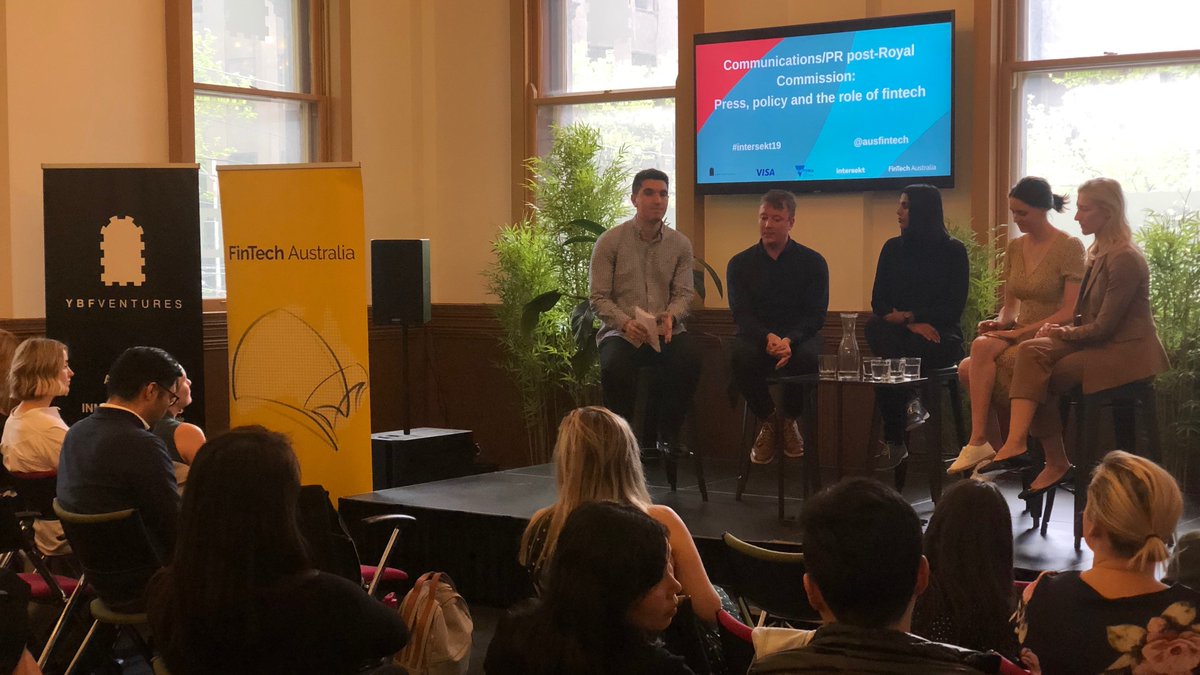 YBFVentures's tweet photo. The  #Intersekt19 satellite panel at #YBFMelbourne is underway.

The discussion is around Communications and PR post-Royal Commission: press, policy and the role of fintech.

Lots of learnings. @IntersektFest https://t.co/6sWMMePf2I