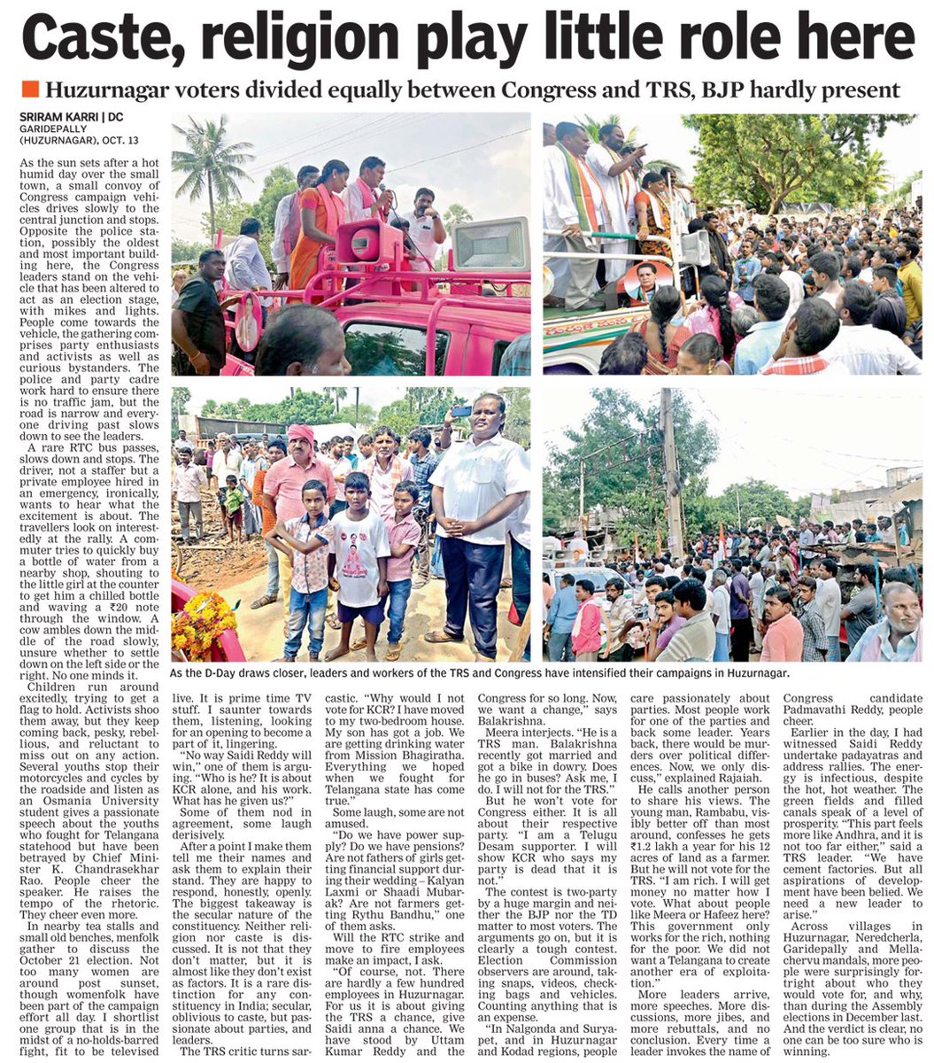 oratorgreat's tweet photo. In hot humid weather, from #Huzurnagar #assembly constituency, where political focus of #Telangana is, ground reports @DeccanChronicle - Nothing, on another note, like covering an election in India. #Garidepally @trspartyonline @UttamTPCC @KTRTRS @BJP4Telangana #TightFight https://t.co/1vhMyTe6qP