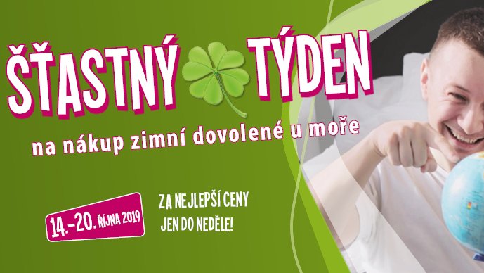 🍀 ŠŤASTNÝ TÝDEN 🍀 na nákup zimní dovolené u moře
Od 14. do 20. října 2019 můžete vybírat z naší výhodné nabídky. Zima se blíží, ale Vy máte jedinečnou možnost uprchnout do teplých krajů. Odleťte s námi v zimě k moři i vy. 👍
➡ Více na bit.ly/32k5Lha
