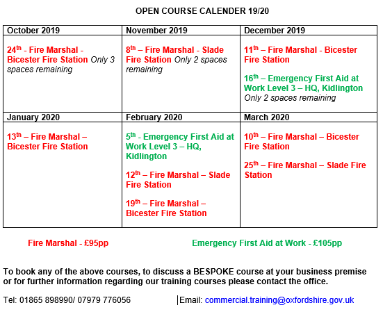 OFRS_CTS's tweet photo. Course Calender for the rest of the financial year.  Dont forget we can also deliver training at your premises.  Get in touch to see how we can help you today.  commercial.training@oxfordshire.gov.uk #firetraining #firstaid #oxfordshire https://t.co/3I6X1atoEa