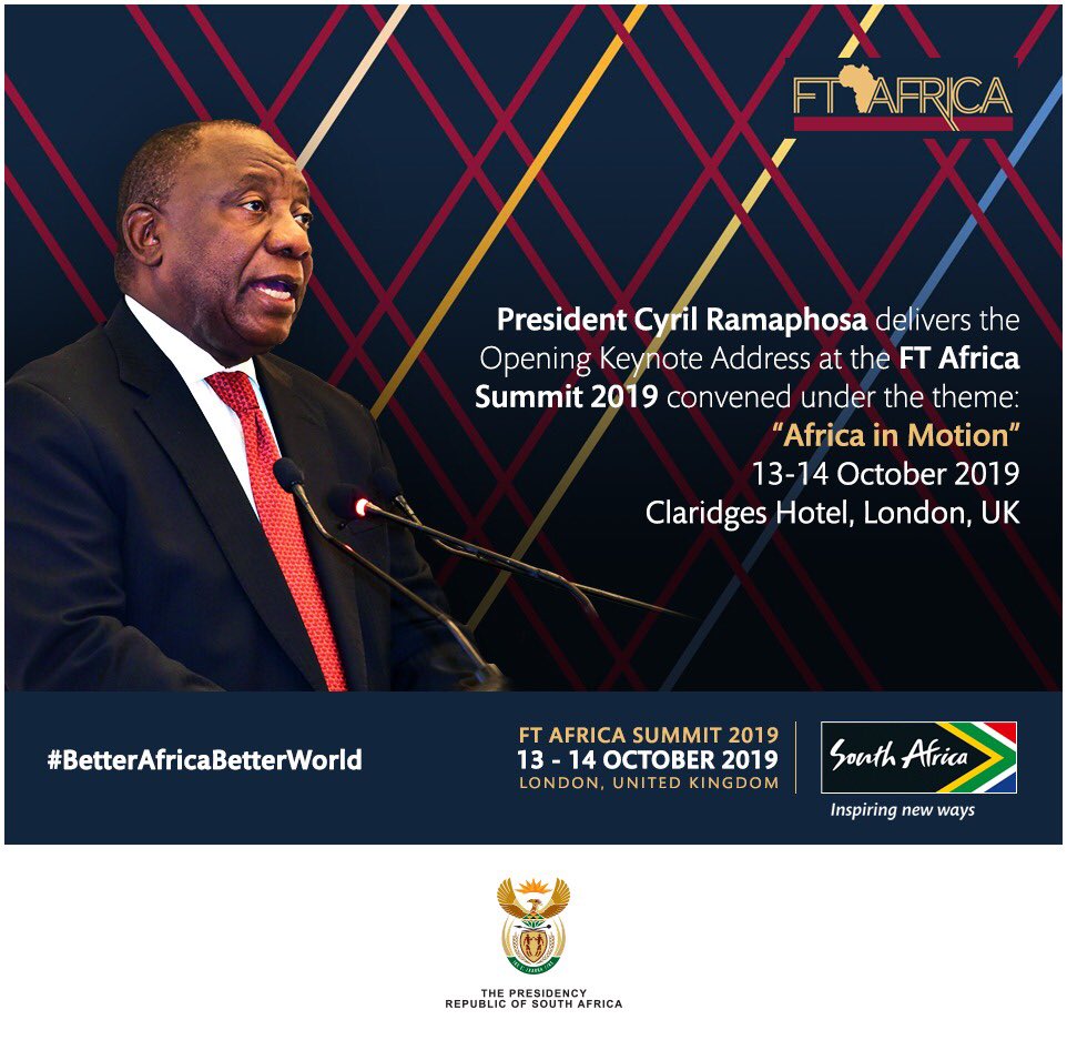 President <a href="/CyrilRamaphosa/">Cyril Ramaphosa 🇿🇦</a> will this  morning deliver the keynote address at the #FTAfrica Summit looking at the Nation and continents large potential and solutions to challenges. #InvestSA #BetterAfricaBetterWorld