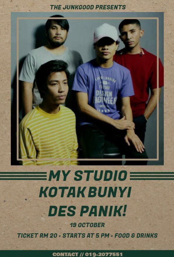Assalamualaikum geng twitter, hujung minggu ni 19/10 (Sabtu), band saya <a href="/DesPanikBand/">DES PANIK!</a> akan perform di MY Studio, Sungai buloh sempena acara Kotak Bunyi bersama band2 lokal yang hebat. Kepada yg free anda dijemput hadir. Minta tolong kawan-2 kongsikan dan sebarkan. #SapotLokal