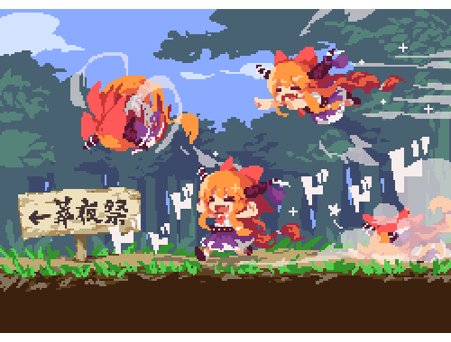 ibuki suika horns multiple girls orange hair clone open mouth outdoors horn ornament  illustration images