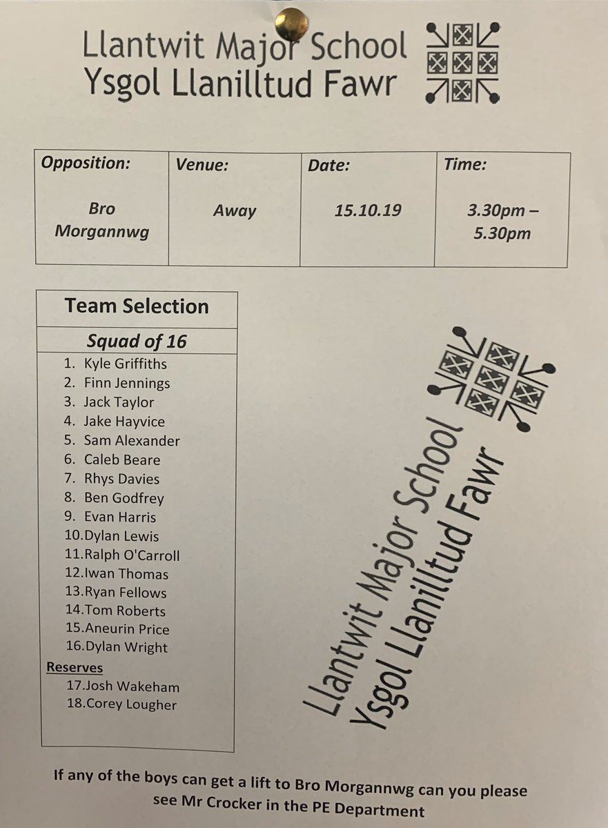 Year 10 rugby team to play Bro Morgannwg tomorrow AWAY🏉 As the game is away we can only take 16 players, if any of the players can get a lift it will allow more players to travel #teamllantwit