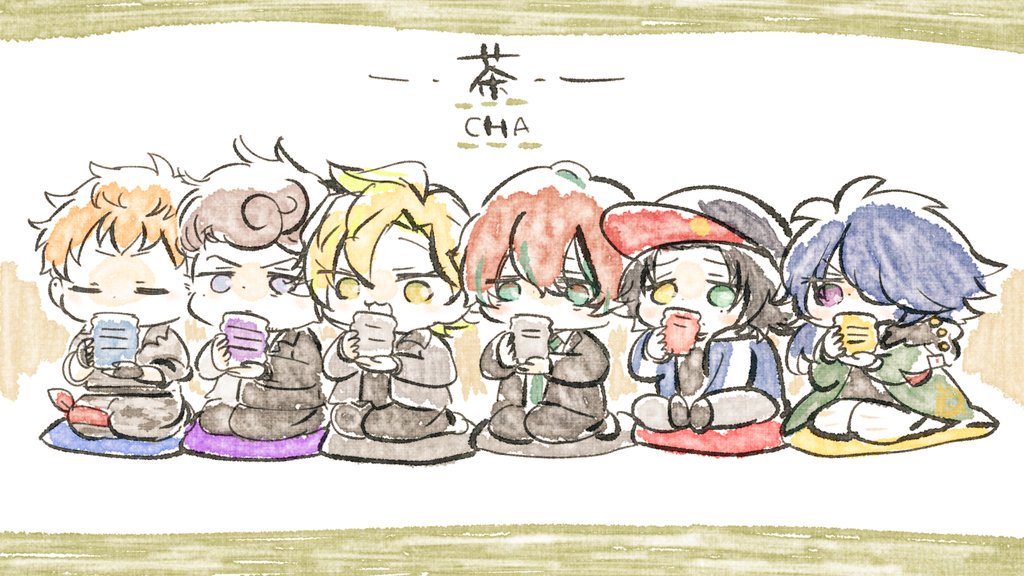 multiple boys cup sitting seiza blonde hair male focus drinking  illustration images