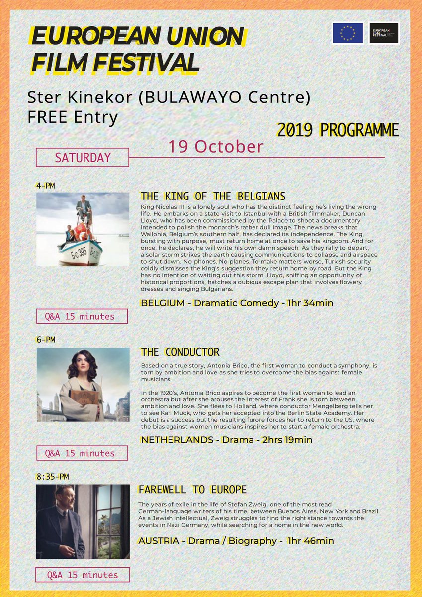 <a href="/TimoOlkkonen/">Timo Olkkonen🇫🇮 🇪🇺🇺🇦</a> <a href="/zwBritish/">British Council</a> <a href="/UKinZimbabwe/">UKinZimbabwe 🇬🇧 🇿🇼</a> <a href="/SwedeninZW/">Sweden in Zimbabwe 🇸🇪</a> @GilmoreTee <a href="/kgosinyathi/">Kgosi Nyathi</a> <a href="/BYOgallery/">National Gallery in Bulawayo</a> <a href="/SterkinekorZim/">Ster-Kinekor Zimbabwe 🎬🍿🇿🇼</a> <a href="/euinzim/">EU Delegation to Zimbabwe 🇪🇺</a> <a href="/kubatana/">Kubatana</a> <a href="/263Chat/">263Chat.com 🇿🇼</a> <a href="/visitportugal/">Visit Portugal</a> <a href="/PossentiNdaba/">Possenti Sikosana</a> <a href="/SkyNewsBreak/">Sky News Breaking</a> <a href="/BBCAfrica/">BBC News Africa</a> <a href="/NLinZimbabwe/">Dutch Embassy Harare 🇳🇱</a> <a href="/kwantuthuArts/">KA Magazine</a> <a href="/realnigelndlovu/">Nigel Ndlovu🇿🇼</a> <a href="/AFP/">AFP News Agency</a> <a href="/FRANCE24/">FRANCE 24</a> <a href="/LeTour/">Tour de France™</a> <a href="/G7/">G7</a> <a href="/France24_en/">FRANCE 24 English</a> <a href="/afbulawayo/">af bulawayo</a> <a href="/ZWartshub/">Creative Spaces For The Future</a> <a href="/Fokus_zw/">#FokusZW</a> @CulxureMagZim <a href="/CurateByo/">Curate Byo</a> <a href="/HigherLifeFDN/">Higherlife Foundation</a> <a href="/VOANews/">Voice of America</a> <a href="/VOAAfrica/">VOA Africa</a> <a href="/EmbEspZimbabwe/">Embajada de España ante Zimbabue, Zambia y Malaui</a> <a href="/MgciniNyoni/">🇿🇼Mgcini Nyoni🇿🇼</a> <a href="/iammjsings/">MJ Sings</a> <a href="/Novuyoseagirl1/">Novuyoseagirl</a> @LOCHNATION #EUFF2019 - Thursday, Friday &amp; Saturday MOVIES

🚩
<a href="/SterkinekorZim/">Ster-Kinekor Zimbabwe 🎬🍿🇿🇼</a>
 (Bulawayo Centre)
🗓️ 17, 18, 19 October 2019
⏲️ 6pm - 10pm

<a href="/MgciniNyoni/">🇿🇼Mgcini Nyoni🇿🇼</a> <a href="/zenzele/">Zenzele</a> @umakanika <a href="/Ndle_Nkosi/">Clarence</a> @LOCHNATION <a href="/RaisedonB/">Raisedon Baya</a> <a href="/LadyTshawe/">LozikeyiLite™</a> <a href="/dannymclasker/">Daniel Lasker</a> <a href="/realnigelndlovu/">Nigel Ndlovu🇿🇼</a> <a href="/patphiri/">Ms. Patience Phiri</a> <a href="/Mbazoz/">Mambazo</a> <a href="/NkueNkala/">#Tshele</a> <a href="/iammjsings/">MJ Sings</a>