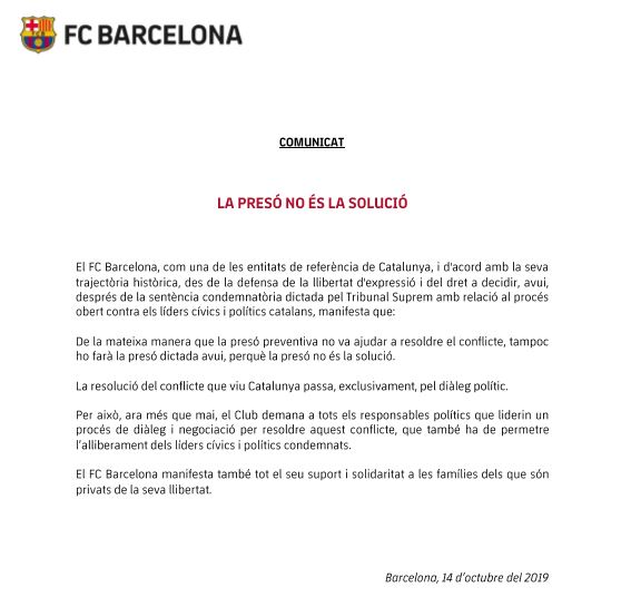 Comunicat del FC Barcelona:

"La presó no és la solució"