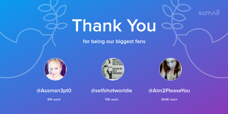 Our biggest fans this week: Assman3pt0, selfshotworldie, Aim2PleaseYou. Thank you! via sumall.com/thankyou?utm_s…