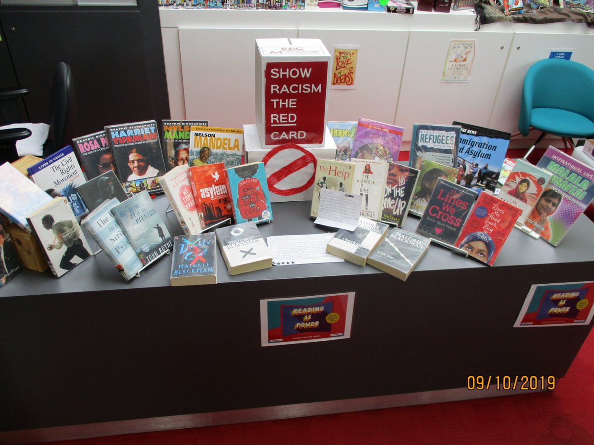 Stteilos_LRC's tweet photo. Visit the LRC and see the selection of books our student librarians have chosen and posters that they have designed to promote Show Racism the Red Card this week along with our featured book 'The Help' reviewed by one of Year 11 students. @StTeilos #ShowRacismTheRedCard @uksla https://t.co/2GJFtD7dHD