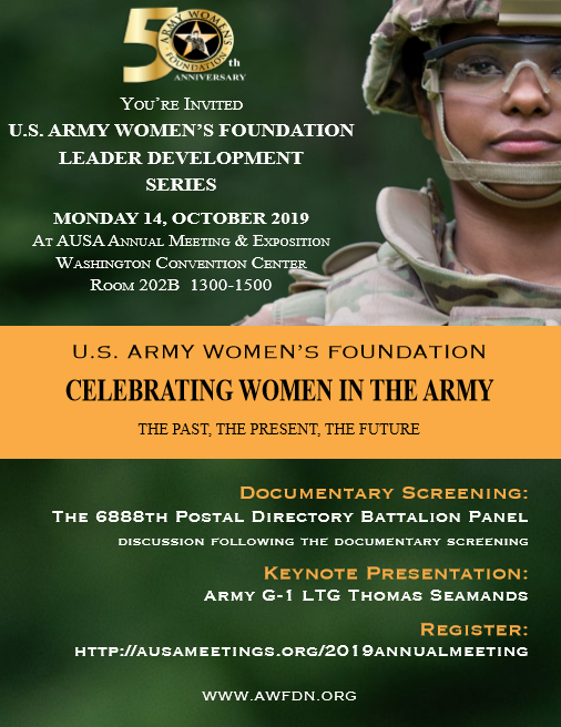 USAWF's tweet photo. Join us today at @AUSAorg! We are in Room 202B from 1:30pm to 3:00pm Celebrating Women in the Army. We will be screening the documentary on The 6888th Postal Directory Battalion, hosting a panel discussion, and hearing a keynote.
#2019 #JoinUS #USAWF https://t.co/qaT8a4SHUd