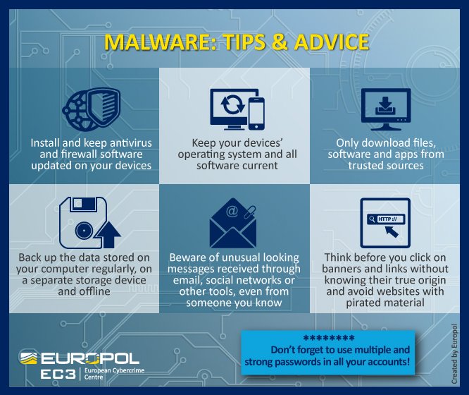 EC3Europol's tweet photo. Protect your devices against #malware with these four simple steps. π #MalwareBasics https://t.co/dY3q43pV2Q