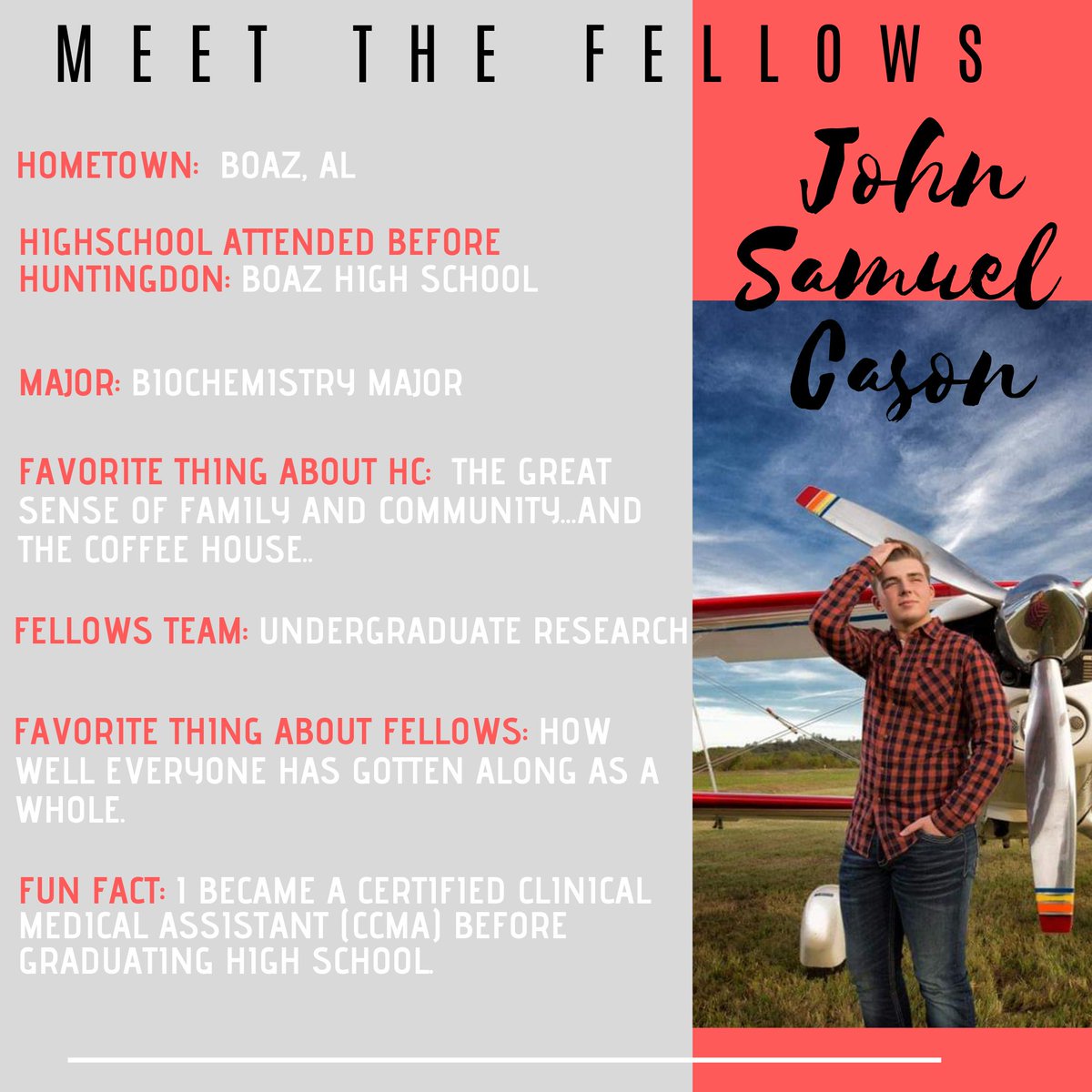MEET THE FELLOWS|| Get to know more about your Huntingdon College Presidential Fellows! Today, we are highlighting John Samuel Cason.