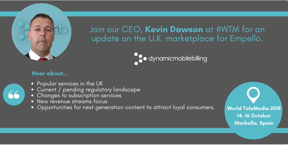 BillingMobile's tweet photo. Join our CEO, Kevin Dawson, at #WorldTelemedia 2019, for an update on the UK marketplace and regulatory landscape #billing #mobilepayments https://t.co/mDebVLtXJS