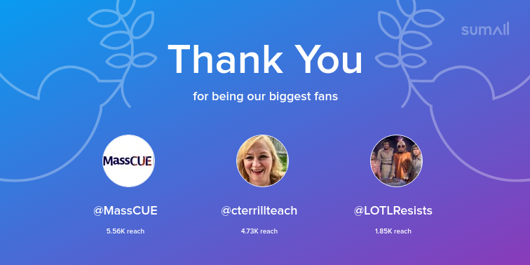 Our biggest fans this week: MassCUE, cterrillteach, LOTLResists. Thank you! via sumall.com/thankyou?utm_s…