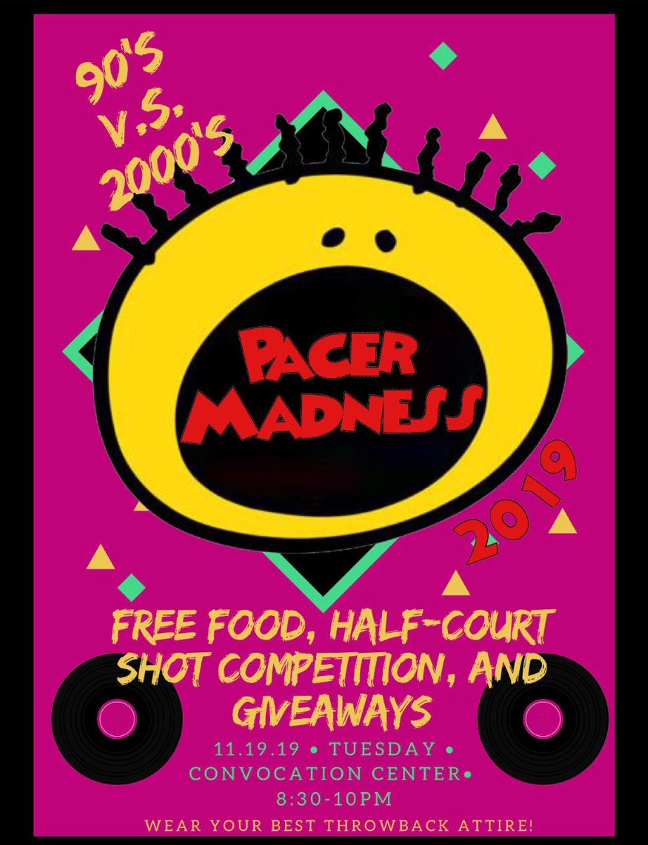 Pacer Madness is coming up Tuesday November 19, 2019. The theme will be 90s vs 2000s. There will be free food, Wild'N Out games,free t-shirts and a half-court contest🏀 for a prize👀
Place: Convocation Center. Wear your best throwback clothes and get a chance to get best dressed!